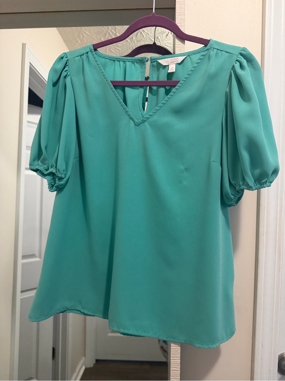 LC Lauren Conrad Teal V-Neck Puff Sleeve Blouse